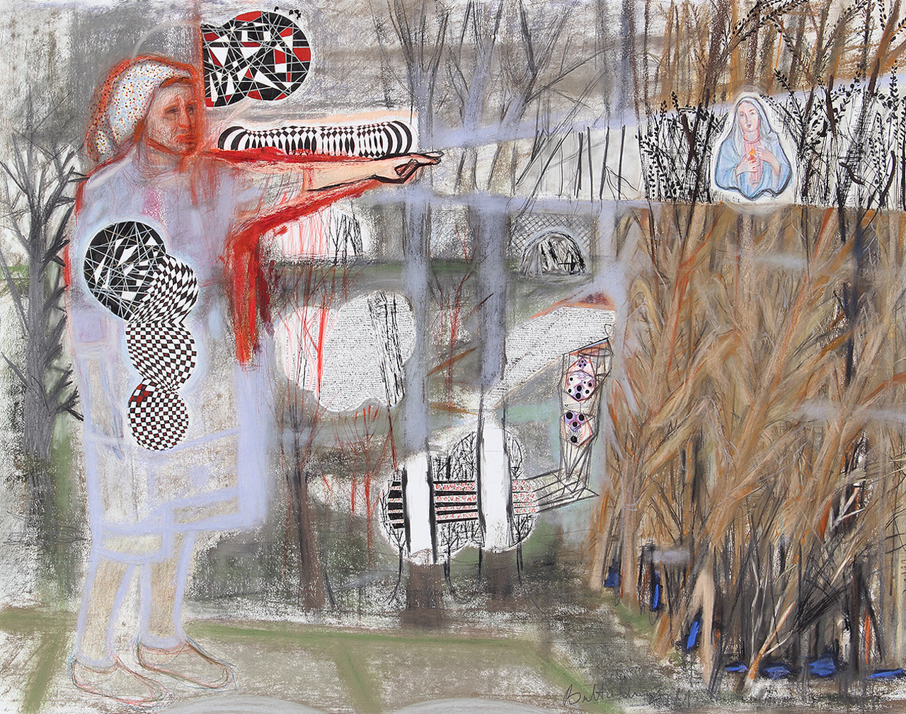 BUKTA Imre: Szomszédasszony (2011), pasztell, grafit, tus, gouache, színes ceruza, papír, ragasztószalag © Ludwig Múzeum - Kortárs Művészeti MúzeumBUKTA Imre: Neighbour (2011), pastel, lead, ink, gouache, colour pencil, paper, tape © Ludwig Museum - Museum of Contemporary Art BUKTA Imre