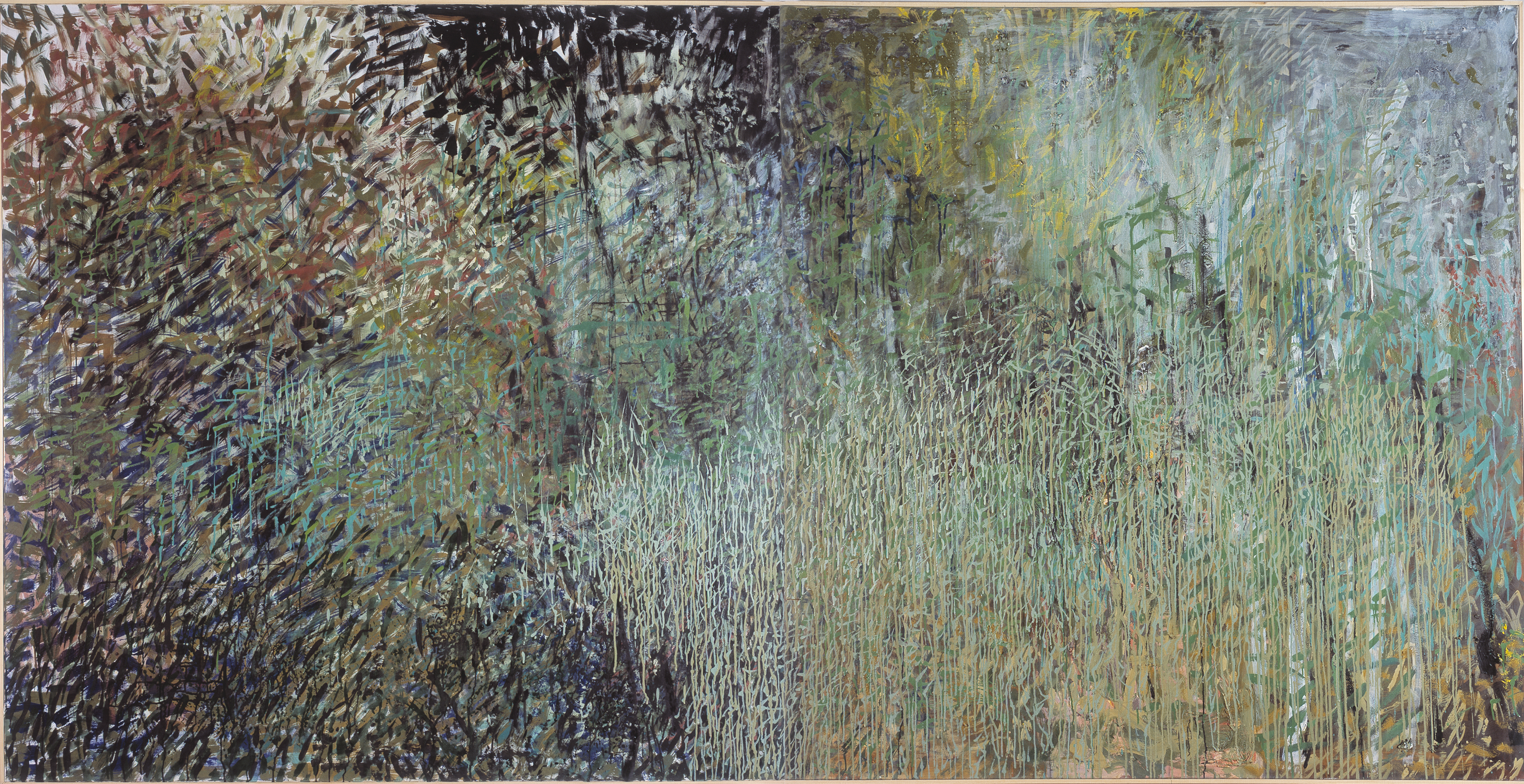 Tolvaly Ernő: Lomb II., vegyes technika, vászon, 190 x 360 cm, 1995-1999, © Magántulajdon, USA. Fotó: Haris László
Ernő Tolvaly: Foliage II., mixed technique, canvas, 190 x 360 cm, 1995-1999 © Private collection, USA. Photo: László Haris Lomb II