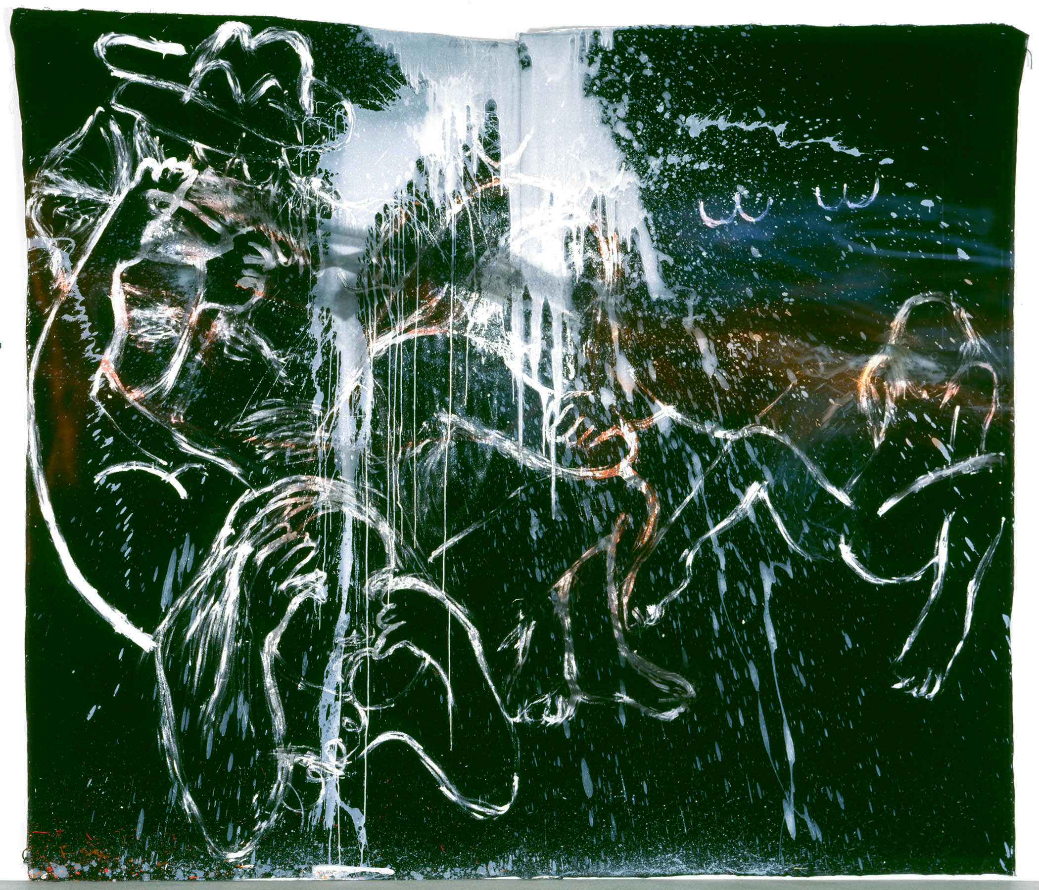 Rita Ackermann: Bemerevedett idő, 2009Modellező paszta, spray festék, latex, zománcfesték, bársony, 244 × 285 cmA művész és a zürichi Peter Kilchmann Galéria jóvoltábólRita Ackermann: Time Freeze, 2009Molding paste, spray paint, latex, enamel on velvet, 244 × 285 cmCourtesy of the Artist and Galerie Peter Kilchmann, Zurich Rita Ackermann