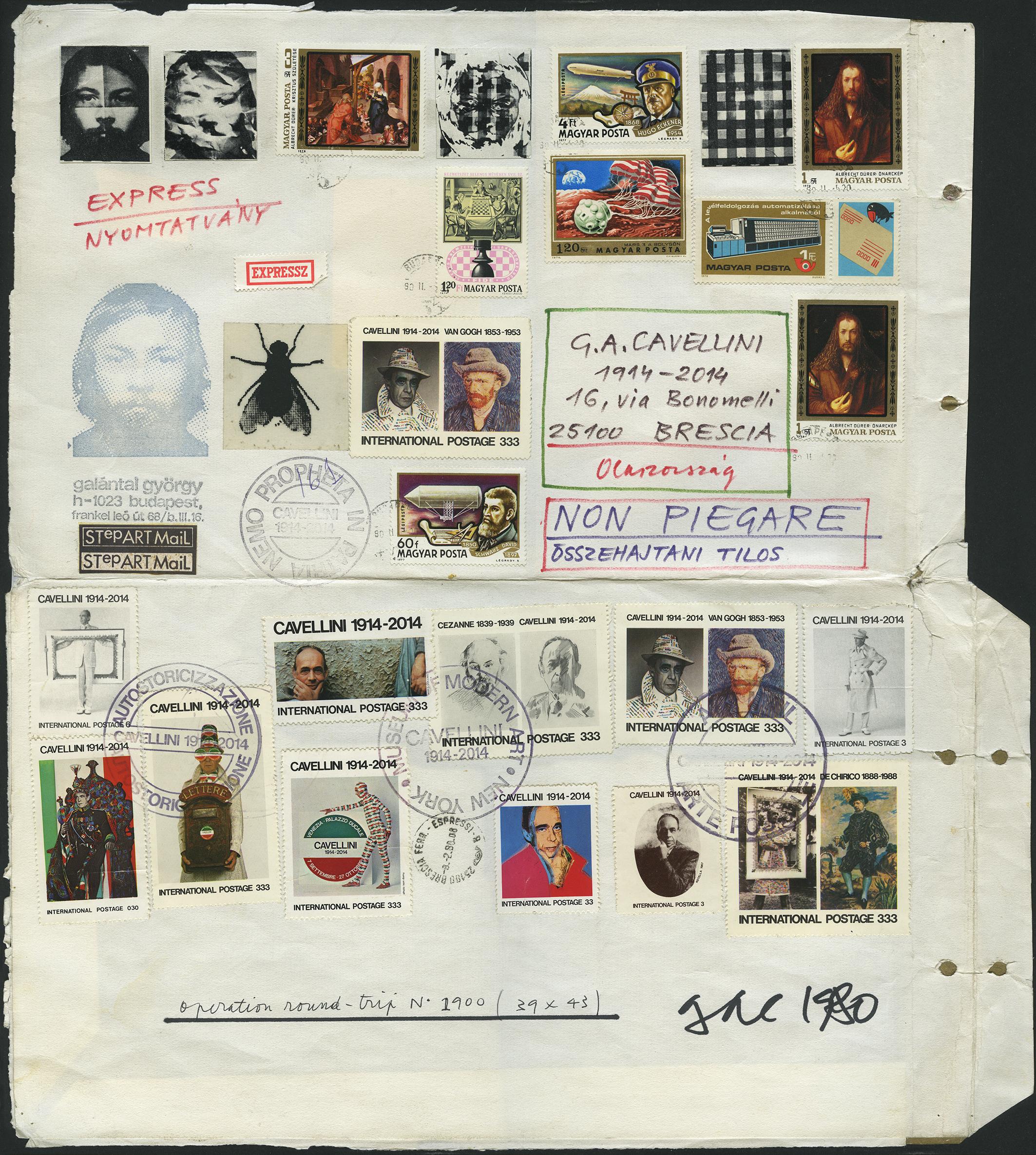 Guglielmo Achille Cavellini - Galántai György: Roundtrip no. 1900, borítékmunka, 1980 Roundtrip