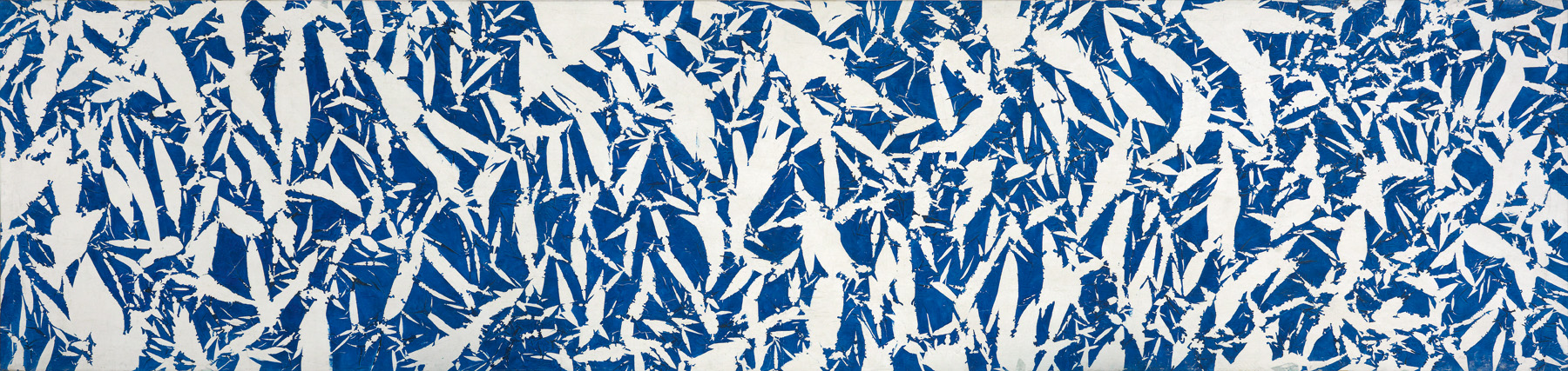 Hantai Simon:Etude (Etűd), 1969, akril, vászon, 116 x 482 cm, magángyűjtemény. Az Archives Simon Hantai jóvoltából.
Simon Hantai: Etude (Study), 1969, acrylic on canvas, 116 x 482 cm, private collection. Courtesy Archives Simon Hantai. Etude, 1969