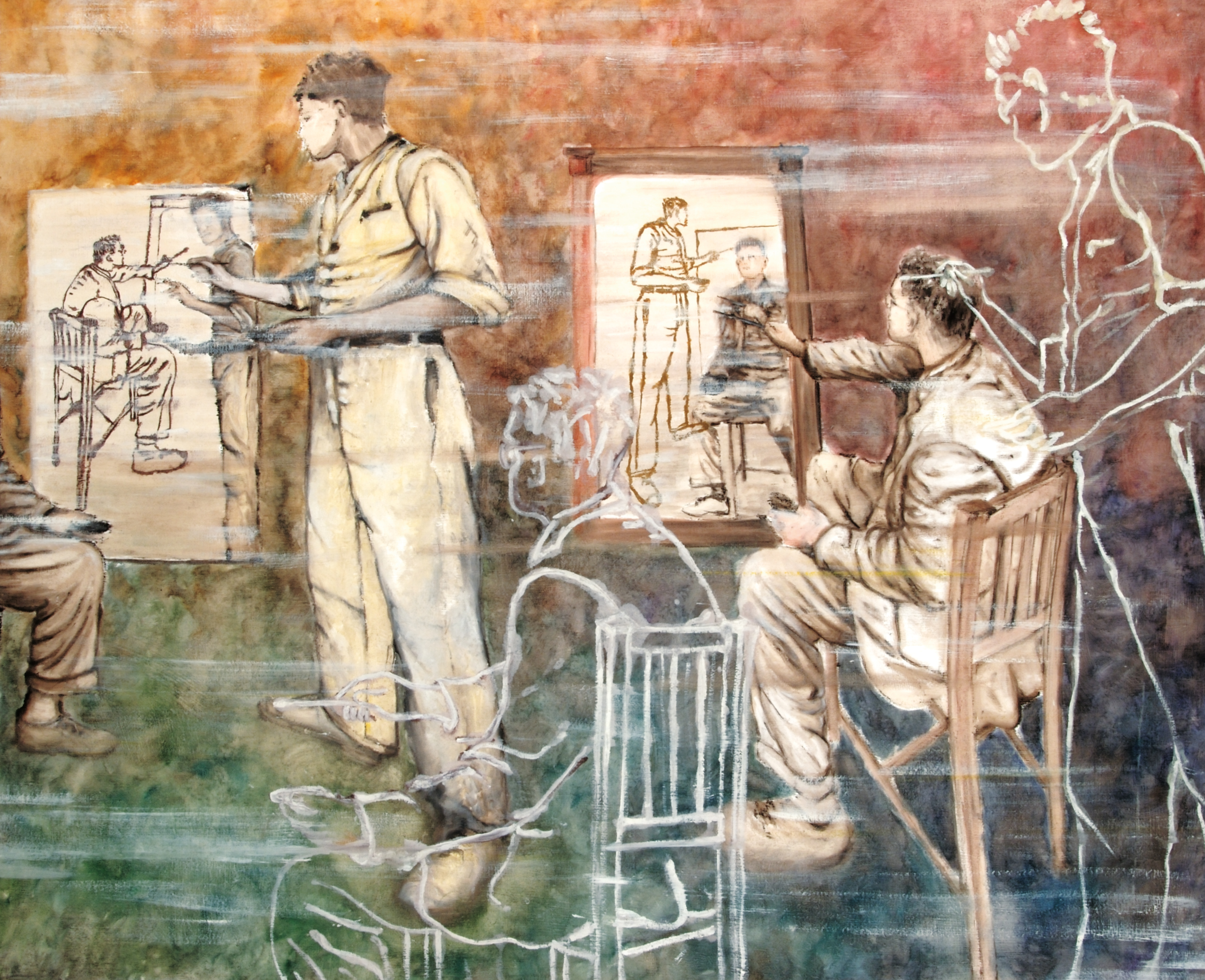 ÉRMEZEI Zoltán – RAUSCHENBERGER János: Rajzoló tükörkép | Drawing mirror
image, 1988, olaj, vászon | oil on canvas, 145×179 cm
Magyar nemzeti Galéria, ltsz.: MM.92.9. | Hungarian National Gallery Inv. MM.92.9. Rajzoló tükörkép