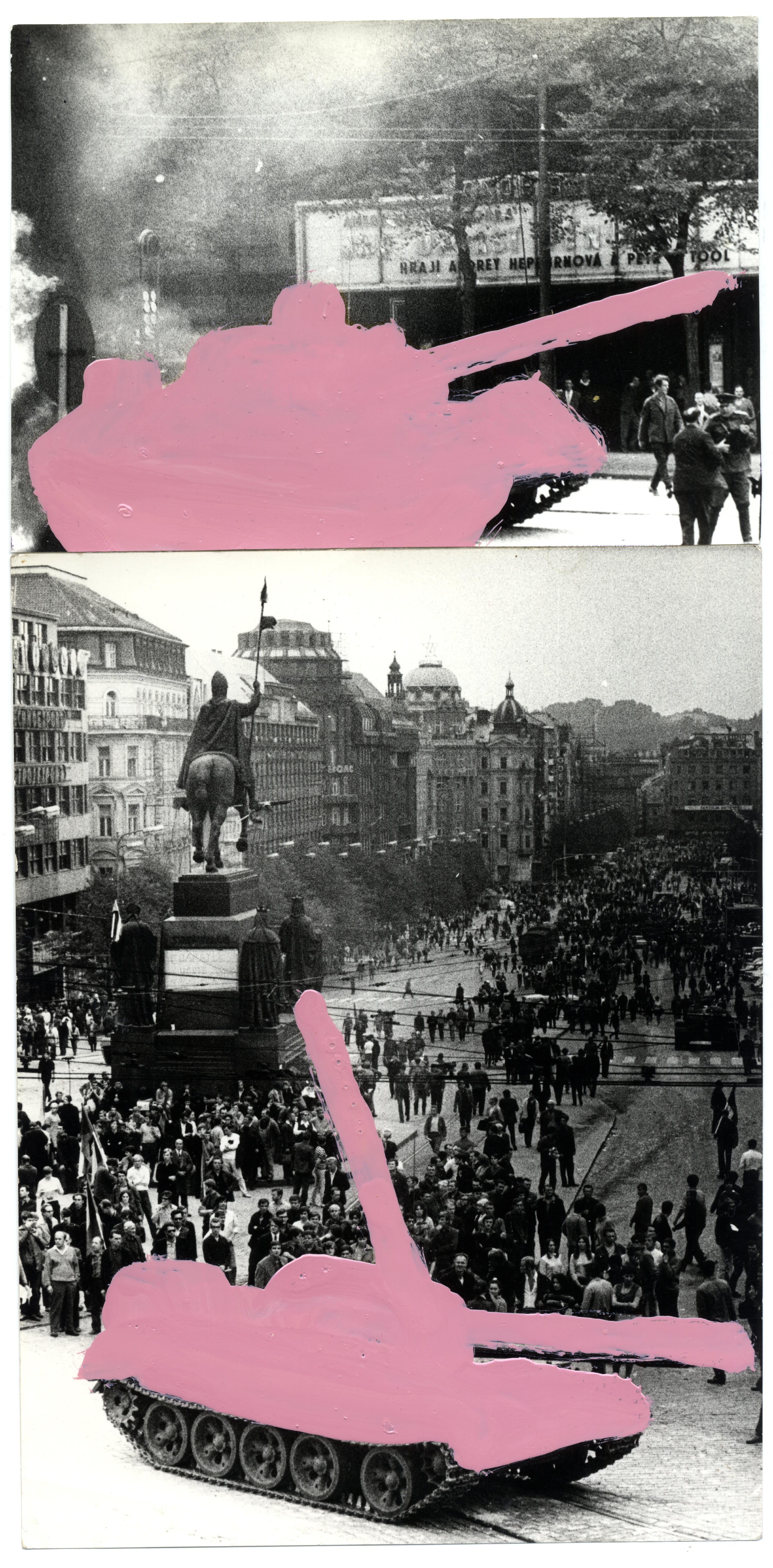 Stano Filko, Pink Tank, Remembering HAPPSOC (Rózsaszín tank – a HAPPSOC-ra emlékezve), 1968, fekete-fehér fotó, festék, 300 x 146 m © Marinko Sudac-gyűjtemény
Stano Filko, Pink Tank, Remembering HAPPSOC, 1968, black-and-white photograph, paint, 300 x 146 m © Marinko Sudac Collection StanoFilko_2
