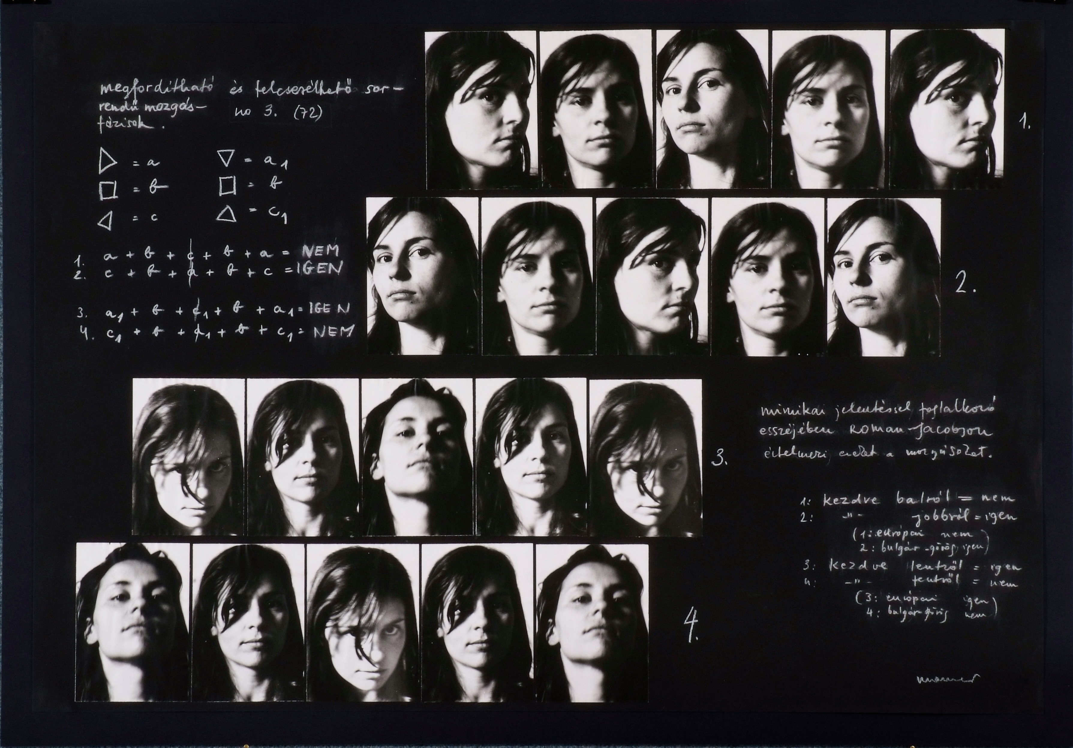 Maurer Dóra: Reverzibilis és felcserélhető mozgásfázisok (Etűd 3.), 1972-75, fekete-fhér fotó, fekete kartonra kasírozva, fehér ceruza, 6 db)Reversible and Interchangeable Phases of Motion No. (Etude 3.), 1972-75, photgraphs mounted on black paper, white pencil, 6 pieces egyenként 70 x 100 cm/each Maurer
