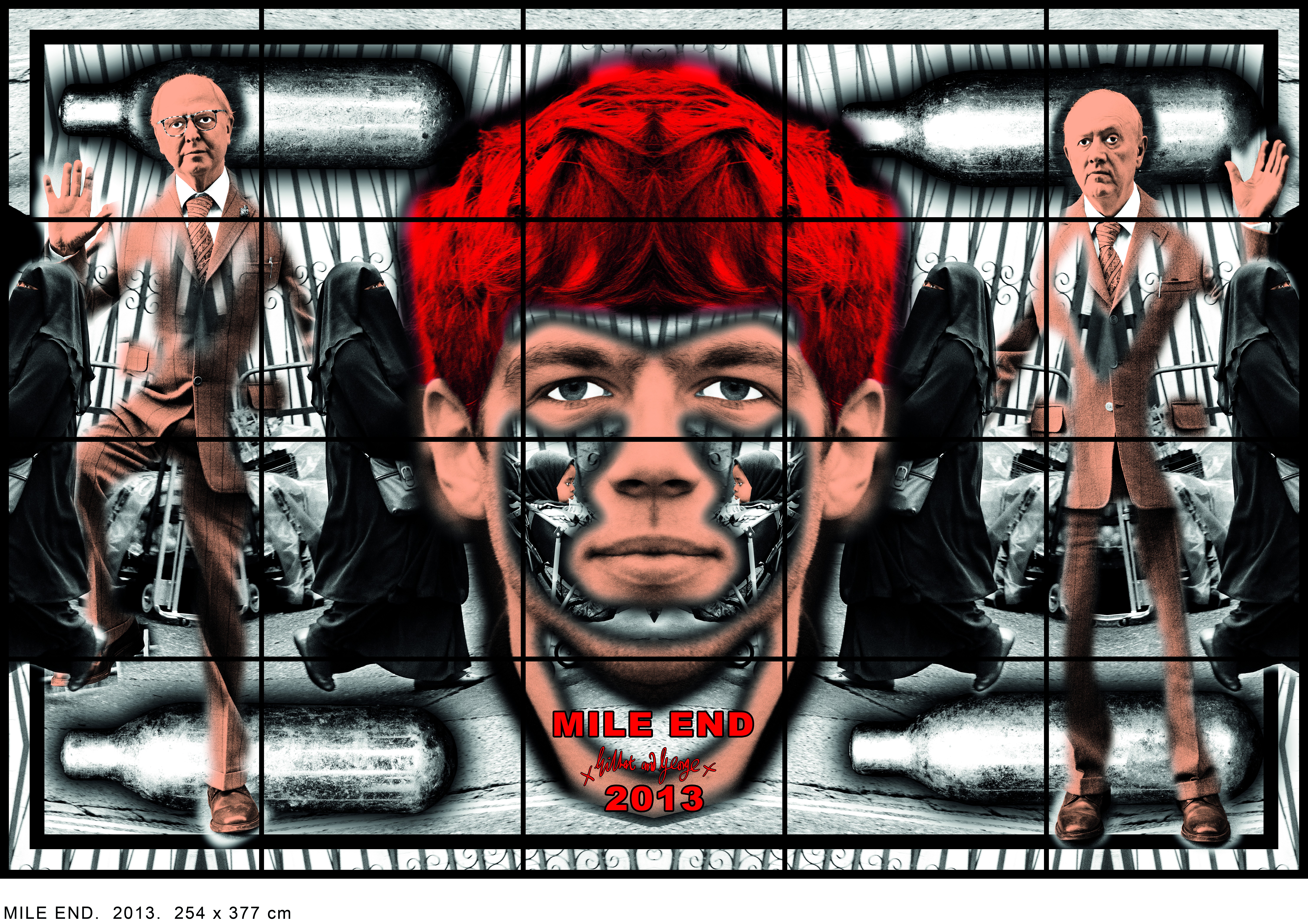 MILE END, 254 × 377 cm, 2013
copyright Gilbert & George
courtesy Galerie Thaddaeus Ropac, London ・ Paris ・ Salzburg Mile end 2013 copyright Gilbert & George