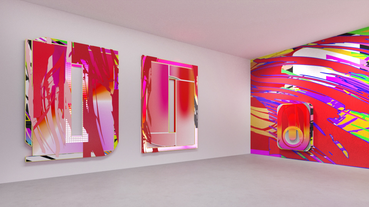 Nemes Márton: Látványterv a Techno Zen című kiállításhoz a Breathe In Breathe Out, a Stereo 02a és a 02b című művekkel Render: Tóth Bernadett