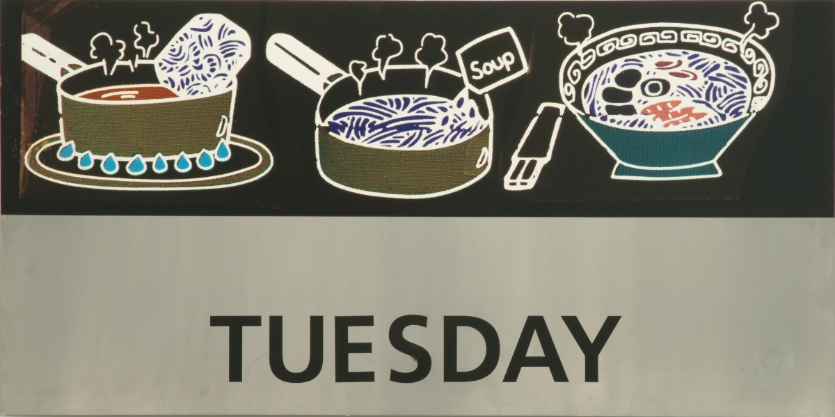 EPERJESI Ágnes: Heti étrend │ Weekly Menu, 1996, színes nagyítás átlátszó csomagolóanyagokról, betűkivágás, alumínium │ colour photograph, cut out letters on aluminium, Ludwig Múzeum - Kortárs Művészeti Múzeum, Budapest