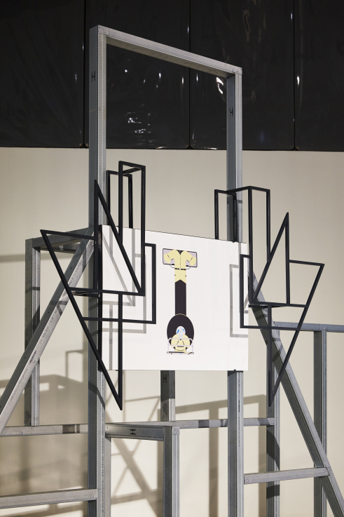 Molnár Zsolt: Pajzs sorozat- Elektrosztatiukus permetező, 2017 C-print, kollázs, maszkolás, CW és UW profil, porfestett alumínium, polikarbonát lemez 190 x 20 x 117 cm (részlet)