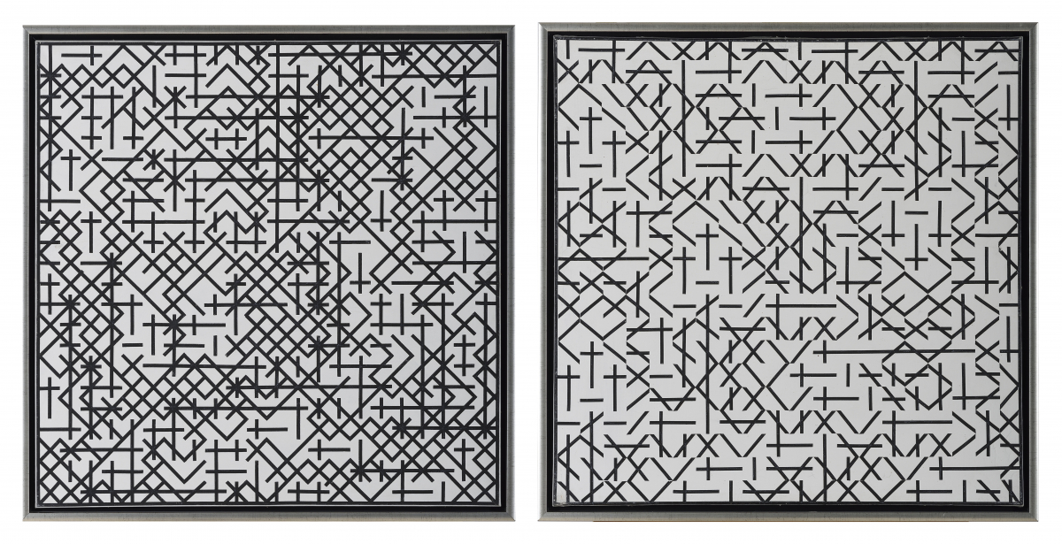 Türk Péter: Formaképzés számtani alapú ritmussal I-II., 1970  vászon, akril; 100 x 100 cm  magántulajdon  fotó: Rosta József | Péter Türk: Modelling with a Rhythm of Mathematical Basis I–II, 1970 acrylic on canvas, 100 x 100 cm private property photo: József Rosta