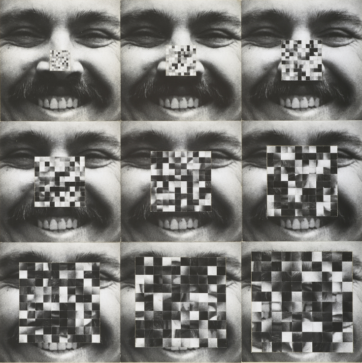 Türk Péter: 100 véletlen elem az arcban, 1970-es évek  fekete-fehér fotó: brómezüst zselatin nagyítás, karton; 40 x 40 cm  a művész hagyatéka  fotó: Rosta József | Péter Türk: 100 Chance Elements in the Face, 1970s black-and-white photograph: gelatin silver bromide print on cardboard, 40 x 40 cm from the artist’s estate photo: József Rosta