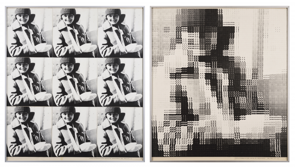 Türk Péter: Vizuális általánosítás 9 egyforma kép „összeszövésével” I-II., 1977 fotó: brómezüst zselatin nagyítás, papír; 78,5 x 70 cm / db  a művész hagyatéka  fotó: Rosta József | Péter Türk: Visual Generalization through the “Weaving Together” of 9 Identical Images, I–II, 1977 photo: gelatin silver bromide print on paper, 78.5 x 70 cm each from the artist’s estate photo: József Rosta