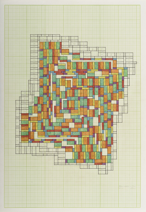 Türk Péter: Téglainstalláció-vázlat, 2000-es évek eleje  papír, toll, színes ceruza; 58 x 40 cm a művész hagyatéka  fotó: Rosta József | Péter Türk: Study for Brick Installation, early 2000s pen and colour pencil on paper, 58 x 40 cm from the artist’s estate photo: József Rosta