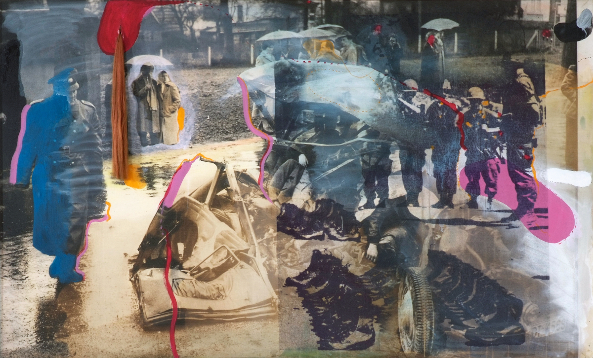 Wolf Vostell: Autóbaleset, 1965-1967 haj, lazúrfesték, akril, szitanyomat, vászonra nagyított fotó, 122 x 201 cm Ludwig Múzeum – Kortárs Művészeti Múzeum (Az aacheni Peter und Irene Ludwig Stiftung letétje) fotó: Rosta József / Ludwig Múzeum – Kortárs Művészeti Múzeum