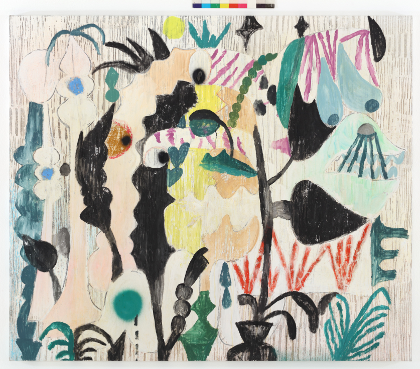 CSATÓ József: Töltsünk több időt a kertben / Spending more time in the garden, 2020 akril, tinta, olajkréta, mészfesték, vászon / acrylic, ink, oil pastel, lime paint on canvas; 150 x175  cm Vásárlás a Nemzeti Kulturális Alap hozzájárulásával / Purchased with assistance from the National Cultural Fund, 2020