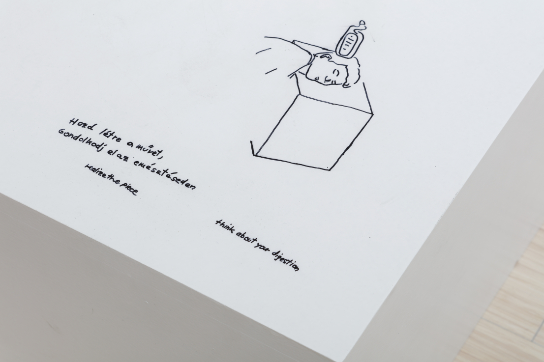 Erwin WURM: Gondolj az emésztésedre - az Egyperces szobrok sorozatból / Think about your digestion - from the series One minute sculptures, 2005 posztamens, használati utasítás, műanyag flakon / pedestal, instruction drawing, plastic bottle; 20x70x50 cm; 27x8,5x50 cm  Az Atelier Erwin Wurm dománya / Donation of the Atelier Erwin Wurm, 2018