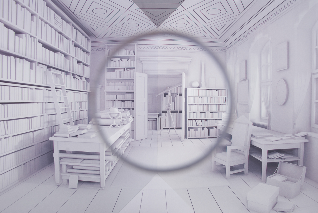 ALBERT Ádám: Alexander von Humboldt dolgozószobája, perspektívakabinet (részlet) / Alexander von Humboldt’s Studio, peepshow box (detail), 2011; plexi, MDF, dibond, bükkfa, rozsdamentes acél / plexi, MDF, dibond, wood, steel A művész és a Kisterem jóvoltából / Courtesy of the artist and Kisterem