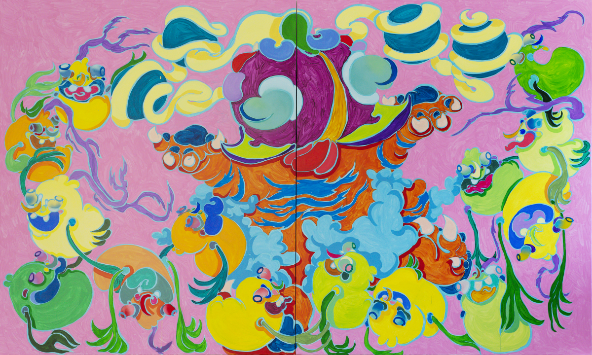 MAKAI Mira THE IDOL OF GREED, 2022   akril, vászon; 235 x 400 cm A művész és a Galerie Droste jóvoltából. (Kiállítás: Cukizmus)