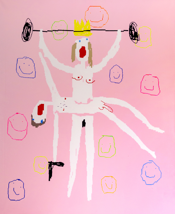 Maja DJORDJEVIC: Szerelmi történet | Love Story, 2017 olaj, zománc, vászon | oil, enamel, canvas; 170 x 140 cm A Reszegi Judit Gyűjtemény és a Longtermhandstand, Budapest jóvoltából | Courtesy of Judit Reszegi Collection and Longtermhandstand, Budapest