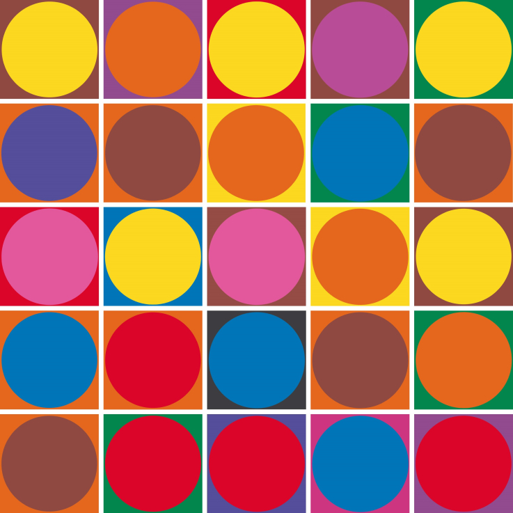 Vera MOLNAR: Juxtaposeés de 25!, 1992-2022, akril, vászon | acrylic on canvas, 25 db | pieces. 50 x 50 cm egyenként | each © a BROICH Digital Art Museum jóvoltából | © Courtesy of the BROICH Digital Art Museum