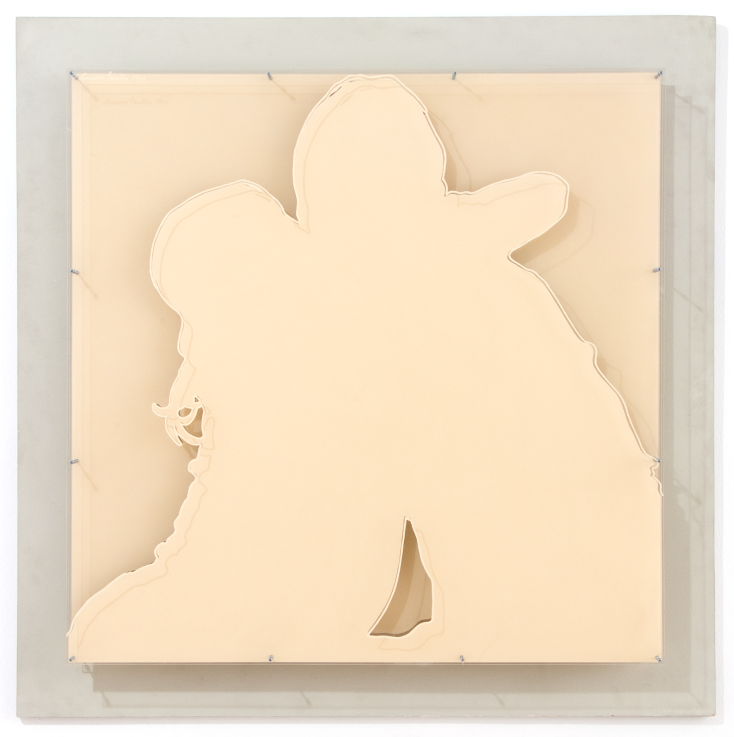 Lourdes Castro: Bézs és bézs (Christine és Samuel Buri árnyképe) / Beige and Beige (Projected Shadow of Christine and Samuel Buri), 1966 festett plexi, farost, távtartó csavarok / painted plexiglass, fibreboard; 100 x 100 x 13 cm  Fotó: Ludwig Múzeum – Kortárs Művészeti Múzeum © Rosta József