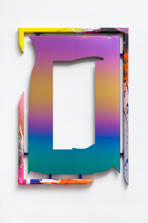 Márton Nemes Everyday We Start Again 01 2020 PVD-coated stainless steel, car paint, steel, acryl, canvas, wood 136 x 96 cm // Photo: Dávid BIRÓ, Krisztina BILÁK © Ludwig Museum – Museum of Contemporary Art