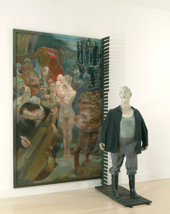 GILLE Sighard: Társaság őrrel, 1981/82, festmény: olaj, farost, fa, szobor: gipsz, fa textília