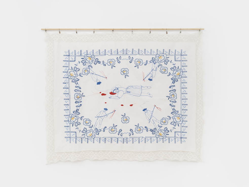 Ivana Šáteková: Húsvéti vesszőzés / Easter Whipping. 2022, hímzés, textil / embroidery, textile, 106 × 136 cm