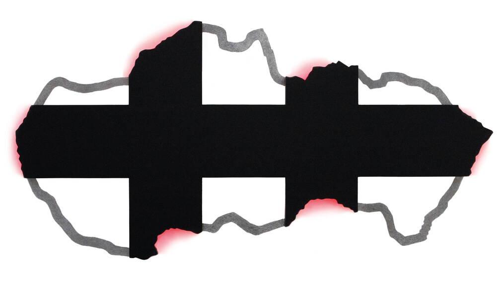 Rudolf Sikora: Fél-élet (a 90,000 deportált polgártárs emlékére) / Half-Life (in Memory of 90,000 Deported Fellow Citizens). 1994/2011, fa, akril, ceruza, neon fény/ wood, acrylic, pencil, neon light, 140 × 230 × 7 cm ©Art Fond Collection