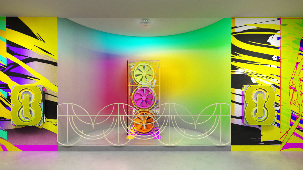 Nemes Márton: Látványterv a Techno Zen című kiállításhoz a Breathe In Breathe Out, a Stereo 02a és a 02b című művekkel Render: Tóth Bernadett